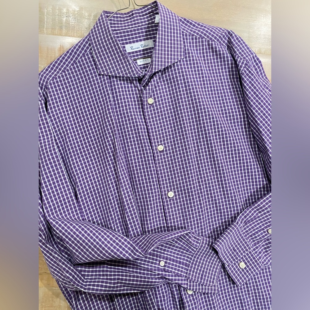 Burma Bibas men’s collar button down work dress shirt purple plaid slim fit